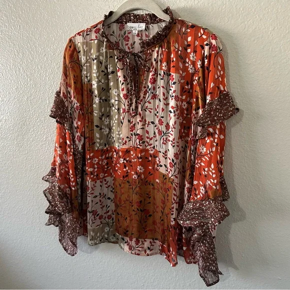 Grace & Lace | Boho Patchwork Flowy Ruffle Long Sleeve Floral Blouse Size Small - Picture 2 of 11